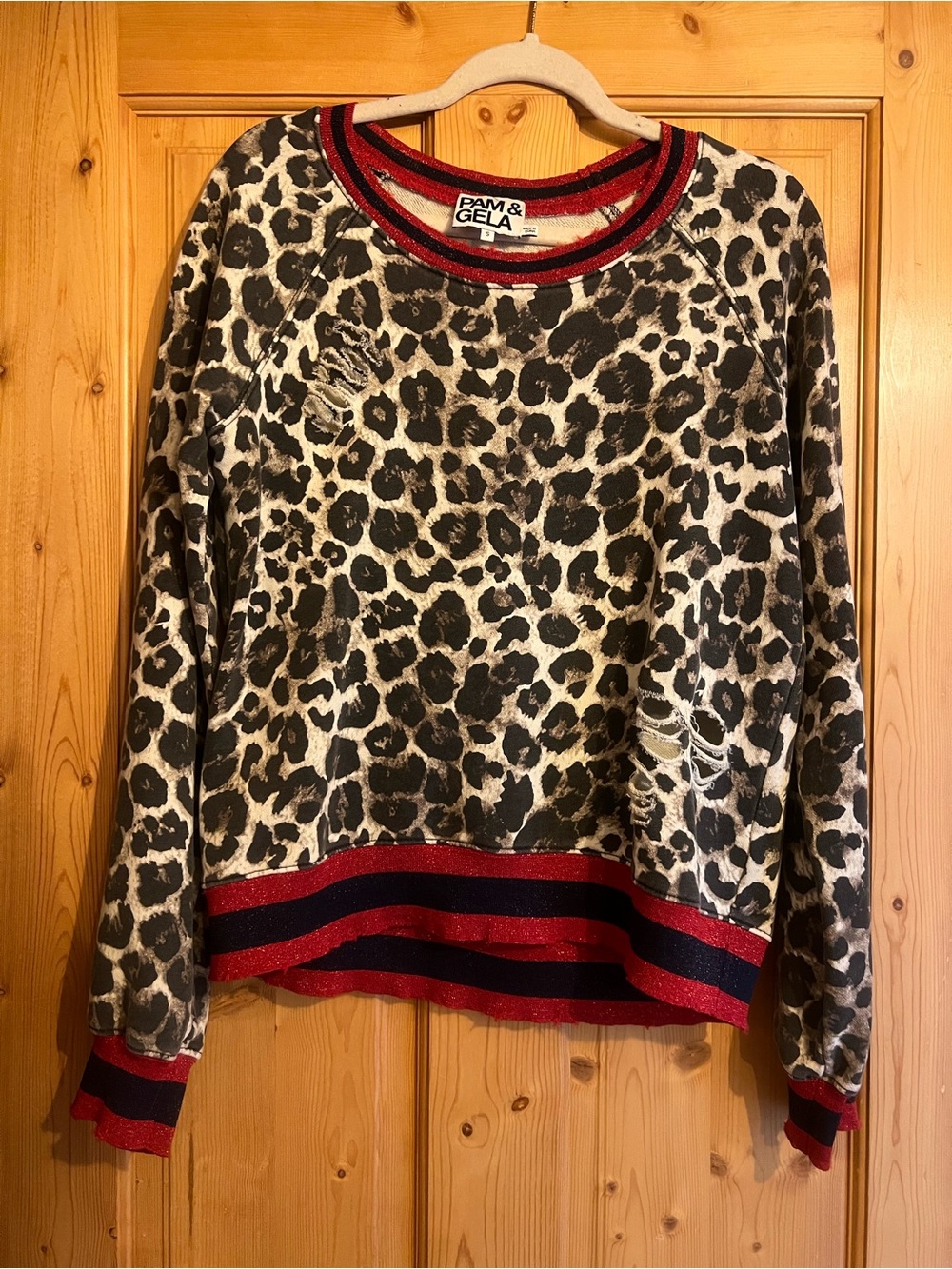 Pam & Gela Leopard Print Crewneck Sweater with Red & Black Trim